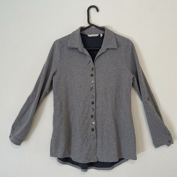 Soft Surroundings Sydney Shirt S Gray Waffle Tab Sleeves Cotton Top Button Down - Picture 3 of 12